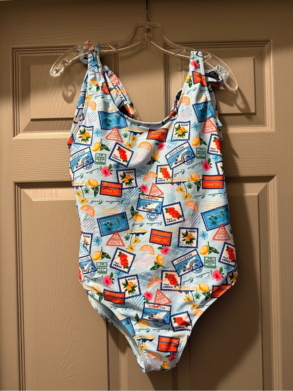 Pink Lily One-Piece Swimsuit - Light blue multi stamp print